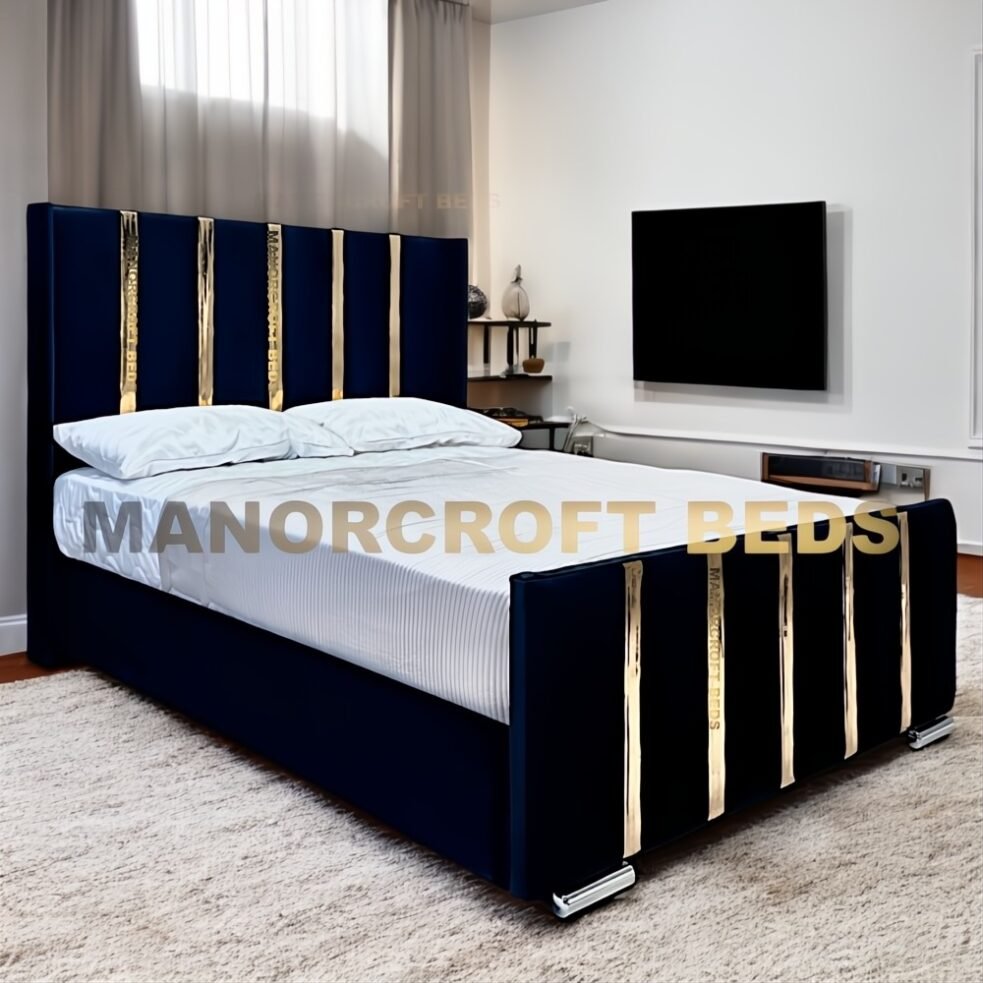 2025 Gold Strip Panels Luxury Plush Velvet Bed Frame with 3D Gold Strip Bed Designs With Optional Ottoman Storage