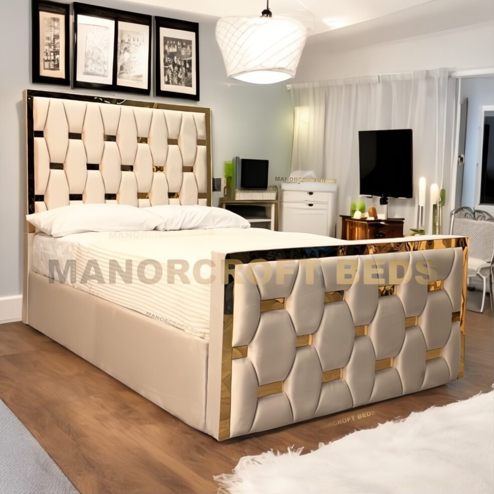 2025 Hexagon Panels with 3D Gold Strip Bed Designs With Optional Ottoman Storage