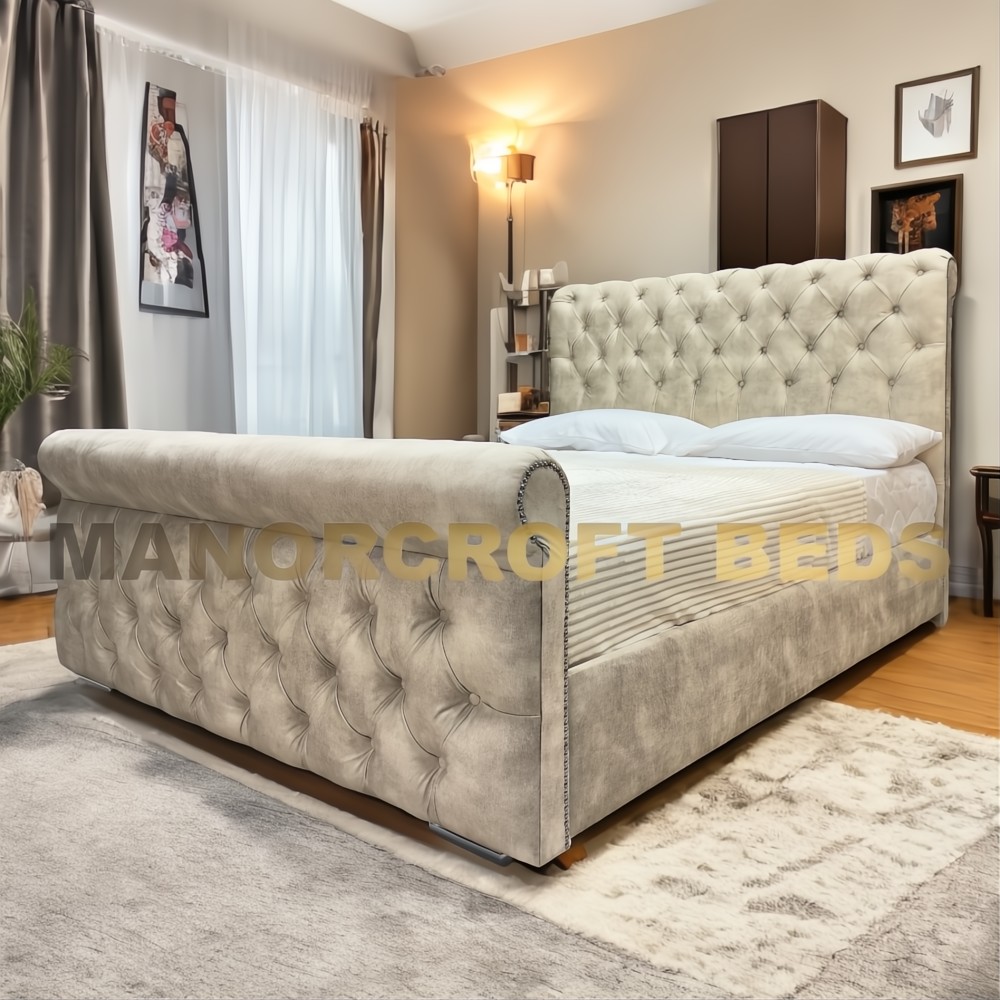 2025 Hadley Bed With Studs Upholstered Designer Bed Frame With Optional Ottoman Storage
