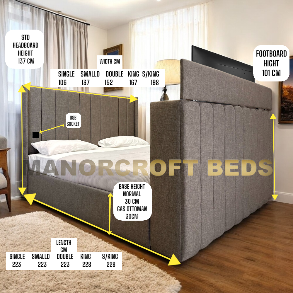 2025 Luther Electric Media TV Bed Frame with Optional Ottoman Storage +USB Socket