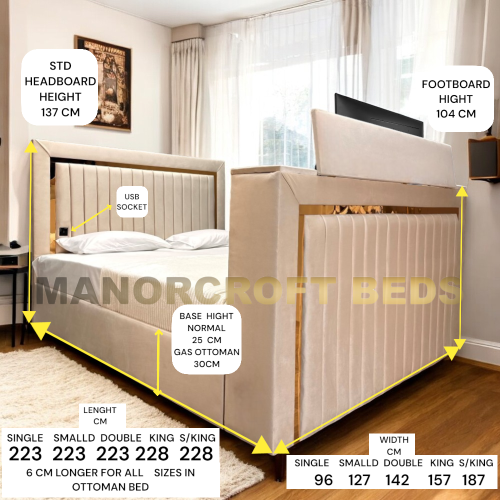 2025 Dorchester Upholstered Hugo TV Bed Frame with Optional Ottoman Storage +USB Cable