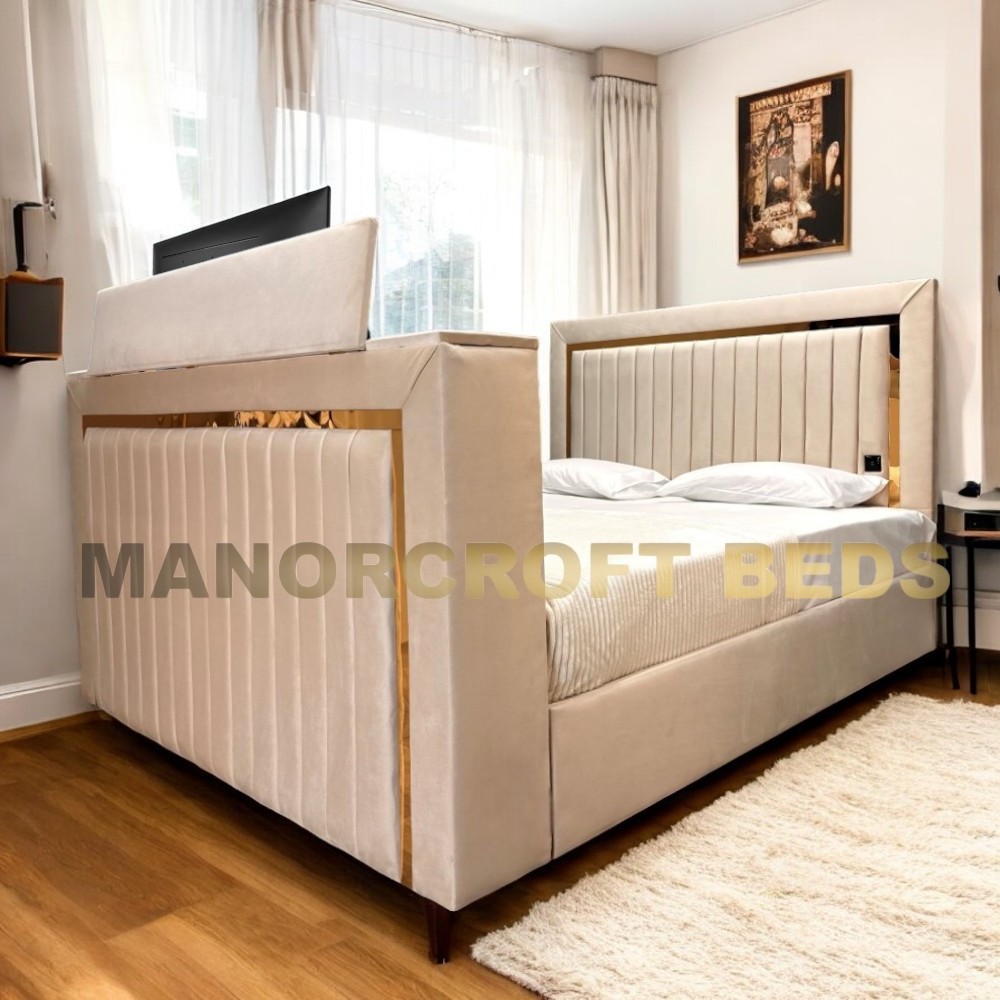 2025 Dorchester Upholstered Hugo TV Bed Frame with Optional Ottoman Storage +USB Cable