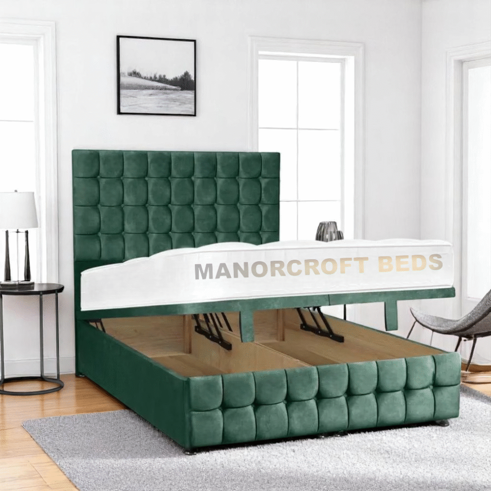 2025 Romio Soft Velvet Lift Up Divan Storage Ottoman Bed Base Headboard