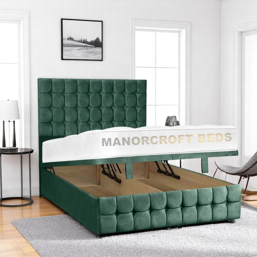 2025 Romio Soft Velvet Lift Up Divan Storage Ottoman Bed Base Headboard