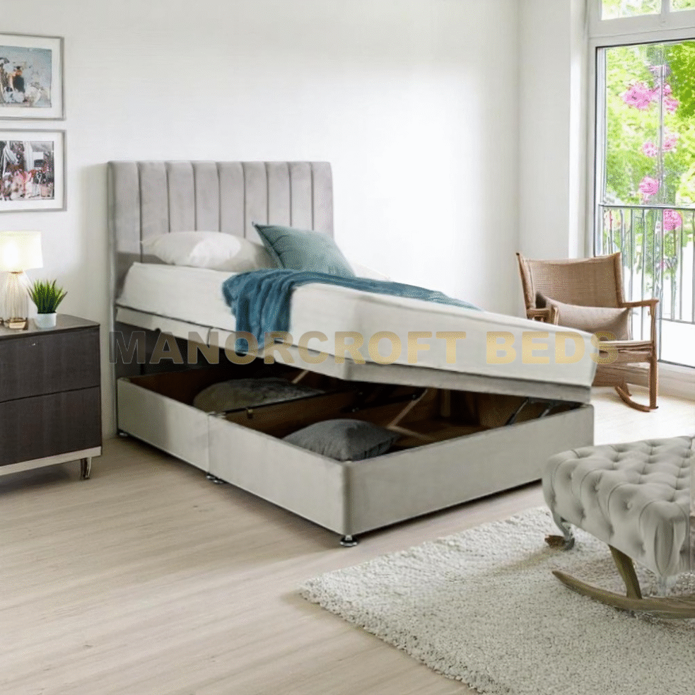 2025 Panel Bed Ottoman Gas Lift Storage Bed Frame with Vertical Panelled Headboard