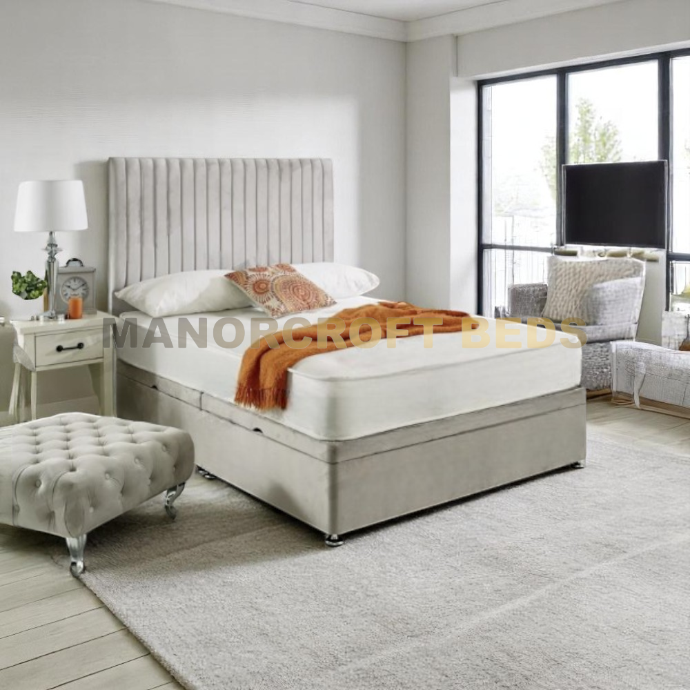 Upholstered Ottoman Storage Bed Divan Base with High Vertical Line Headboard