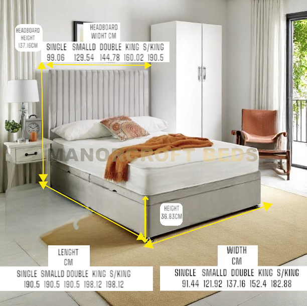 Upholstered Ottoman Storage Bed Divan Base with High Vertical Line Headboard