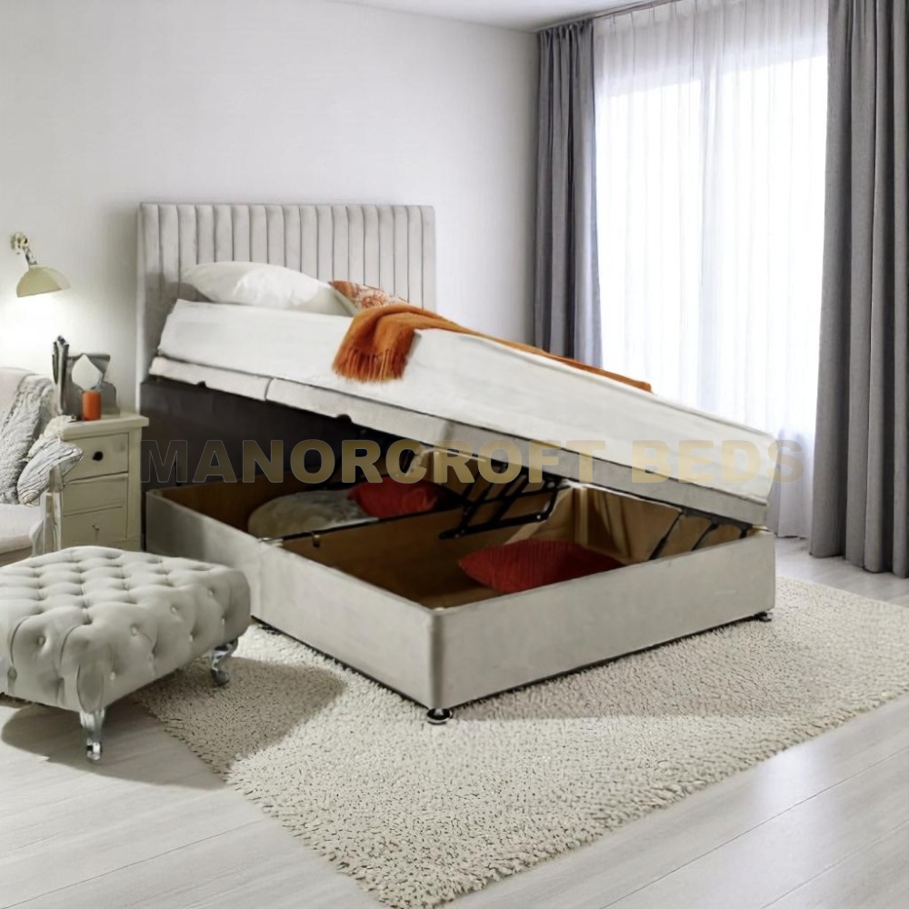 Upholstered Ottoman Storage Bed Divan Base with High Vertical Line Headboard