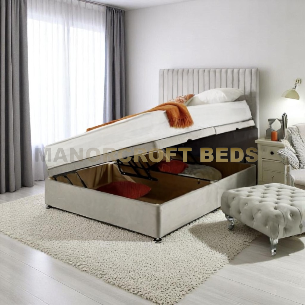 Upholstered Ottoman Storage Bed Divan Base with High Vertical Line Headboard