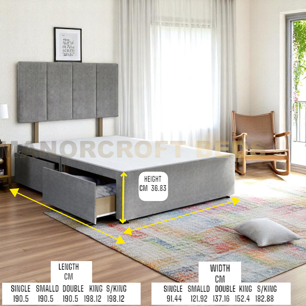 Grandeur Divan Bed Base With Storage Easy Assemble Fabric, 4Ft 4'6 5Ft, And 6ft Sizes