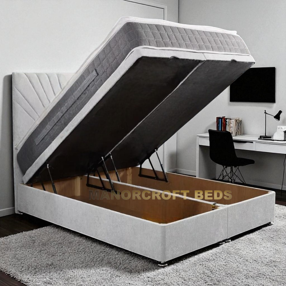 2025 Panel Bed Ottoman Gas Lift Storage Bed Frame with Vertical Panelled Headboard