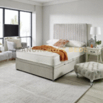 Upholstered Ottoman Storage Bed Divan Base with High Vertical Line Headboard