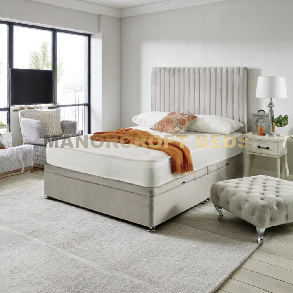 Upholstered Ottoman Storage Bed Divan Base with High Vertical Line Headboard
