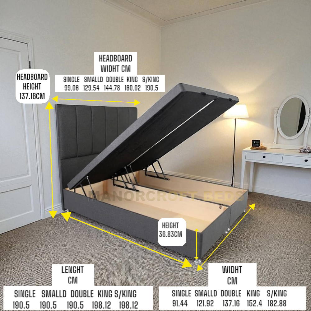Ottoman Bed Divan Storage Plush Velvet + Panel Bed Head - Foot Lift Gas Lift