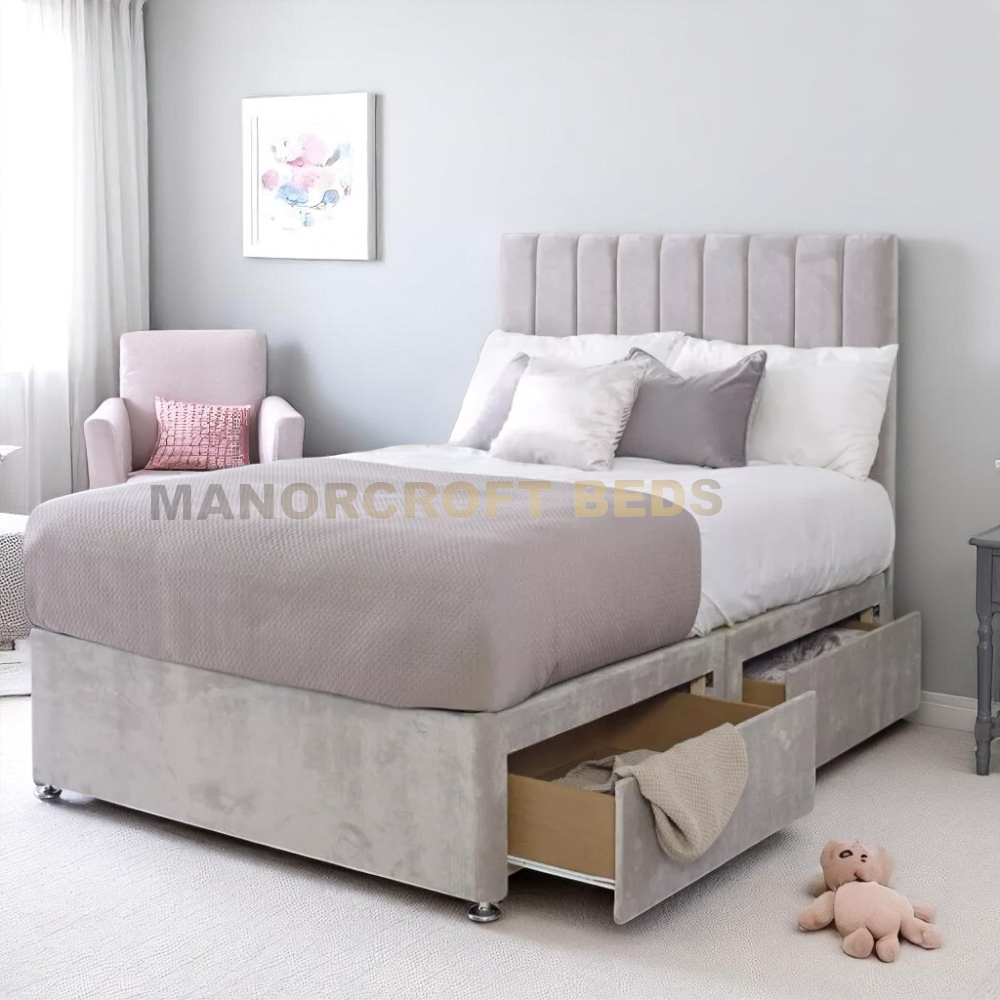 Divan Bed Set With Drawer and Headboard Plush Velvet Solid Base Double & King