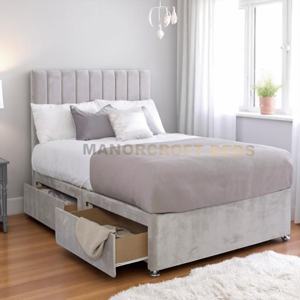 Divan Bed Set With Drawer and Headboard Plush Velvet Solid Base Double & King