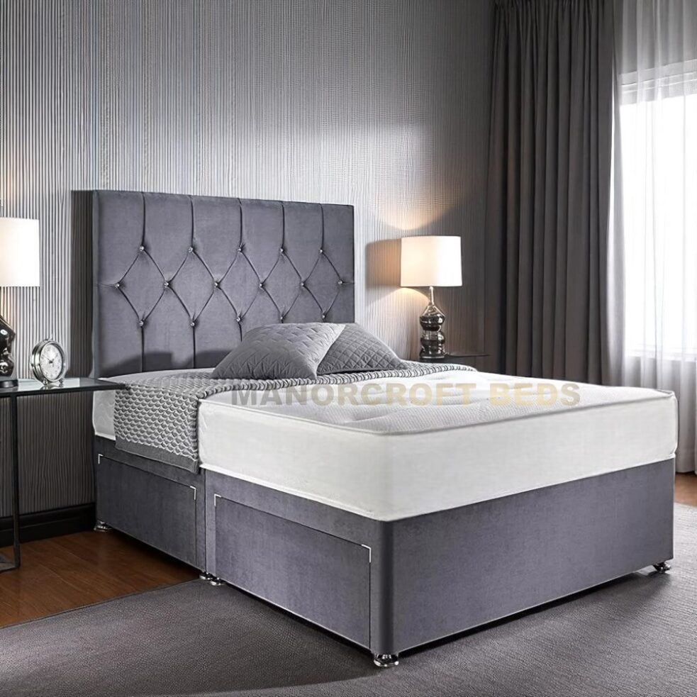 2025 Grey Fabric  Divan Bed Set With Matching Headboard- Drawers