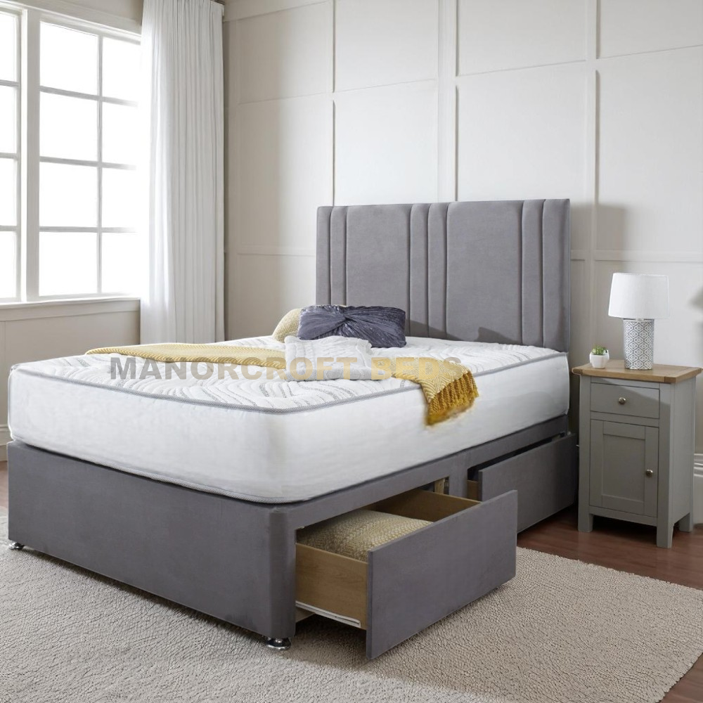 2025 Luxury Grey plush Divan Bed With Headboard And Storage Drawers