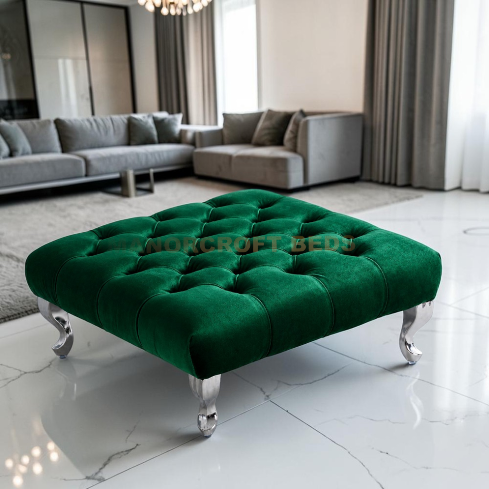 Emerald Green Chesterfield Plush Velvet Upholstered Footstool Coffee Table with Tufted Design