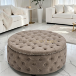 2026 Large Round Chesterfield Footstool Pouffe Grey Linen Button Tufted Coffee Table