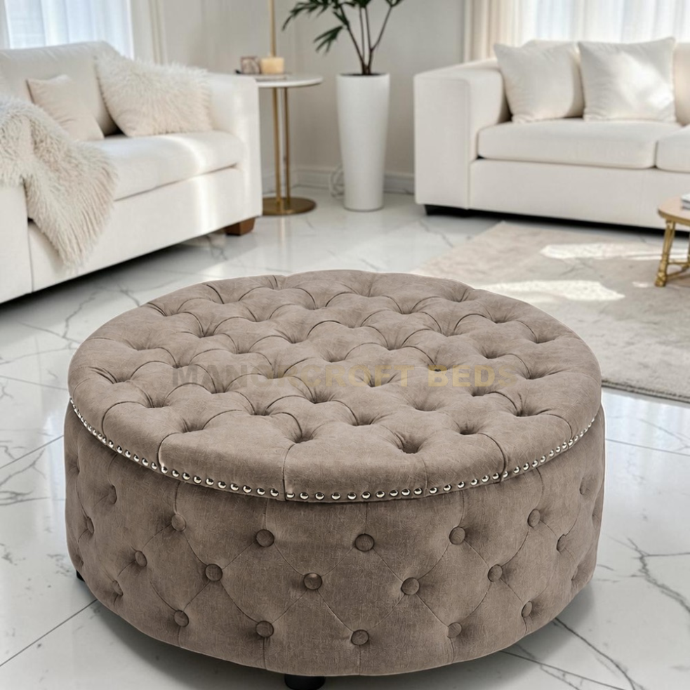 2026 Large Round Chesterfield Footstool Pouffe Grey Linen Button Tufted Coffee Table