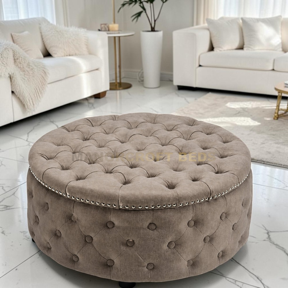 2026 Large Round Chesterfield Footstool Pouffe Grey Linen Button Tufted Coffee Table