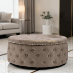 2026 Large Round Chesterfield Footstool Pouffe Grey Linen Button Tufted Coffee Table