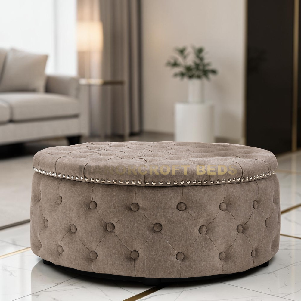 2026 Large Round Chesterfield Footstool Pouffe Grey Linen Button Tufted Coffee Table