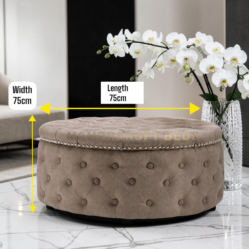 2026 Large Round Chesterfield Footstool Pouffe Grey Linen Button Tufted Coffee Table