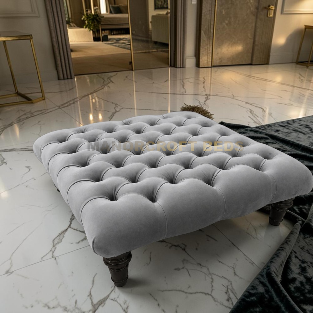 "Chesterfield Coffee Table & Upholstered Footstool – Deep Button Pouffe 90x90cm"