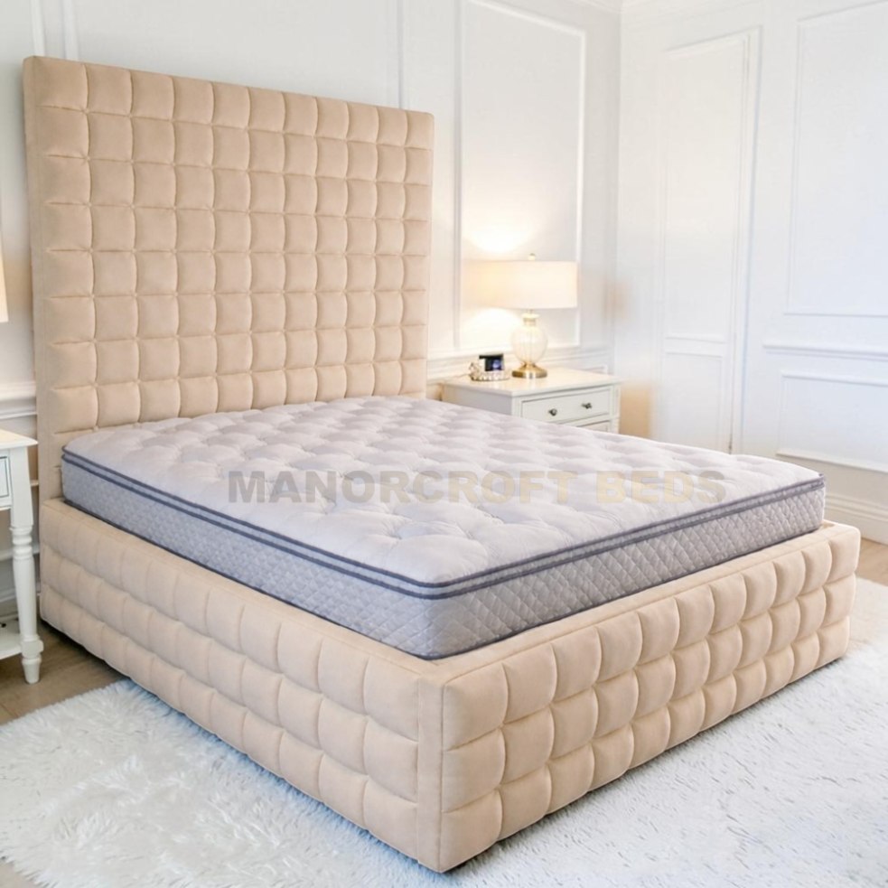 2026 Elegance Cube Design Bed Frame with Luxury High Headboard