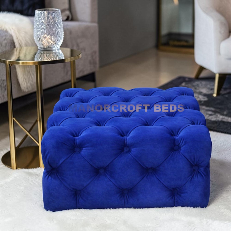 “Chesterfield Royal Blue Plush Footstool / Coffee Table Pouffe – 62cm x 62cm”