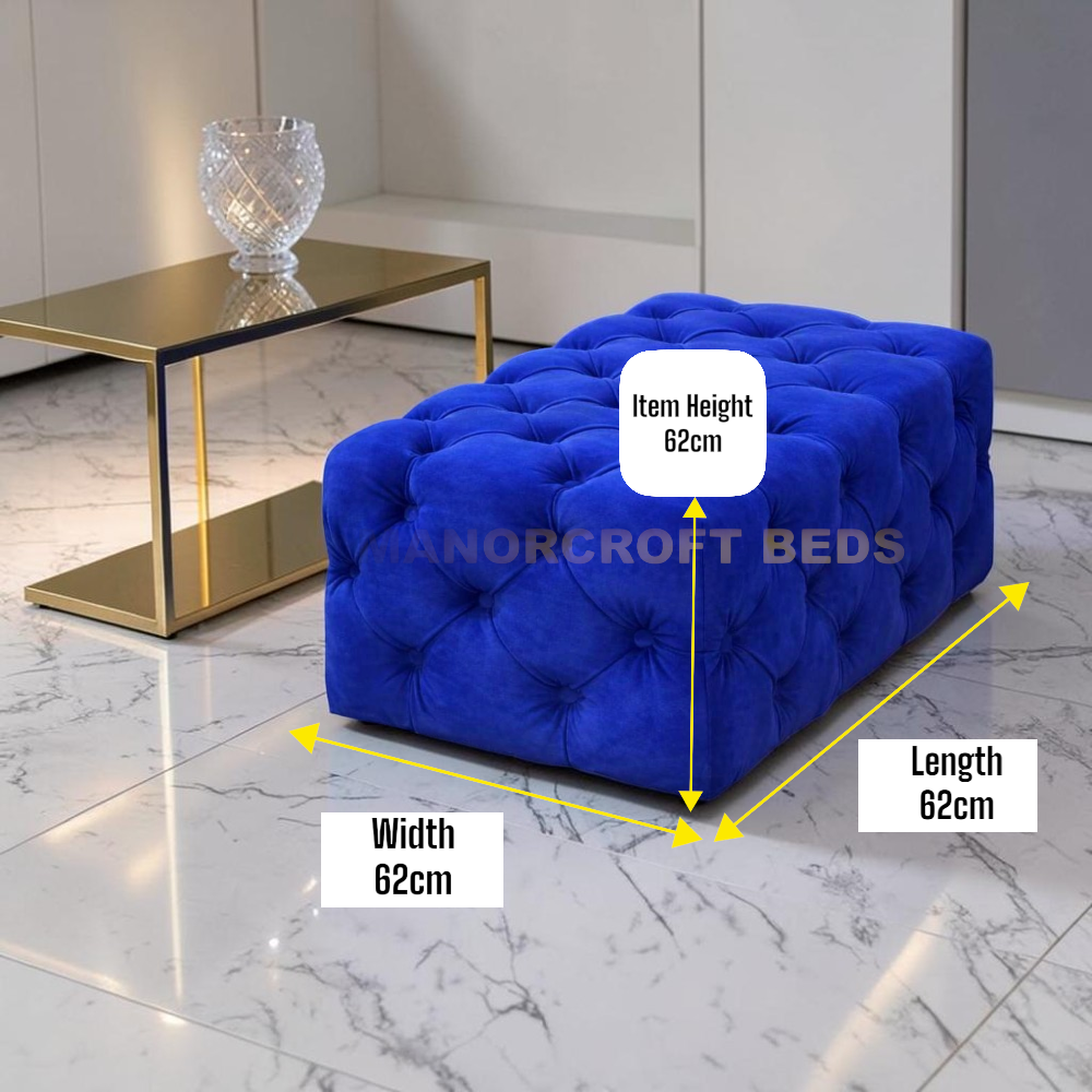 “Chesterfield Royal Blue Plush Footstool / Coffee Table Pouffe – 62cm x 62cm”