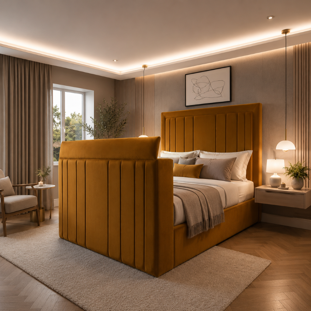Premium Panel TV Bed Frame – Available in All UK Sizes & Colours